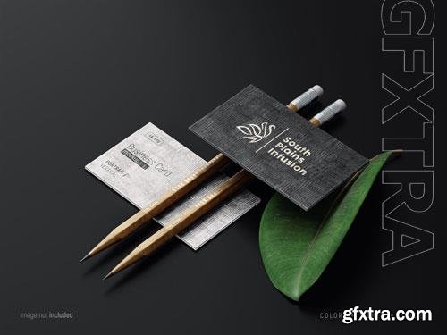 PSD business card mockup scene with wood texture