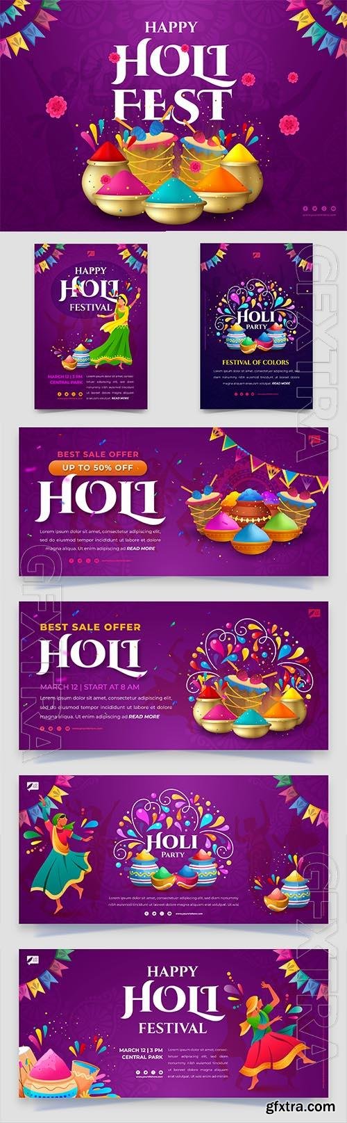 Vector gradient holi festival celebration horizontal banner template