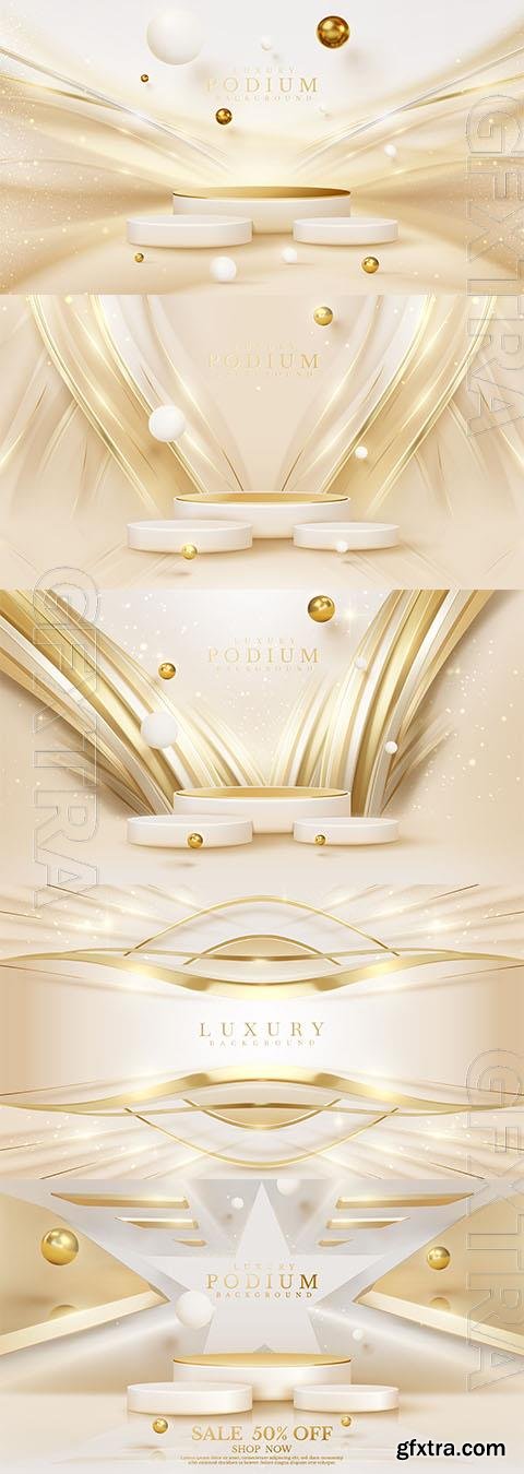 Vector podium with gold curve line with geometric shape element with light effect