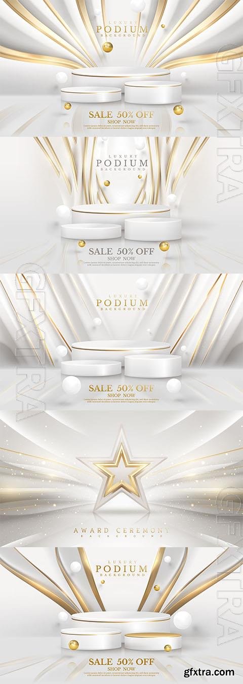 Vector 3d white product display podium background with gold line decoration and balls elements