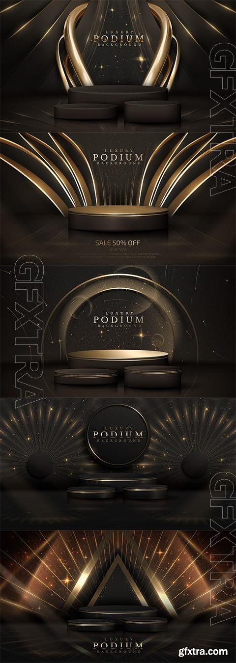 Podium with golden curve line decoration and glitter light effect elements and stars