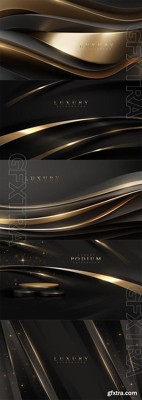 Black luxury background with golden curve elements and glitter light effect decoration