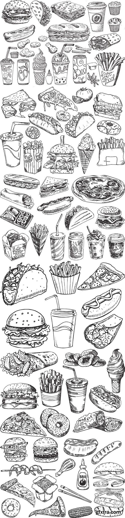 Fast food set.llustrations of hamburgers, hot dogs, pizza and many other dishes of the world