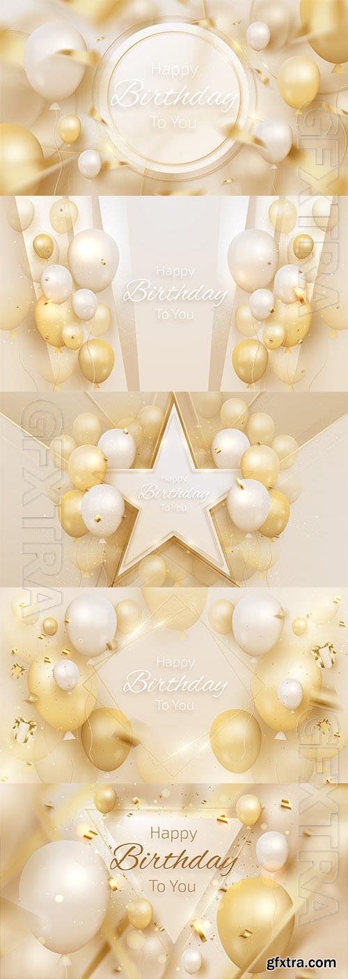 Vector happy birthday card with luxury balloons and ribbon 3d style realistic on cream shade background