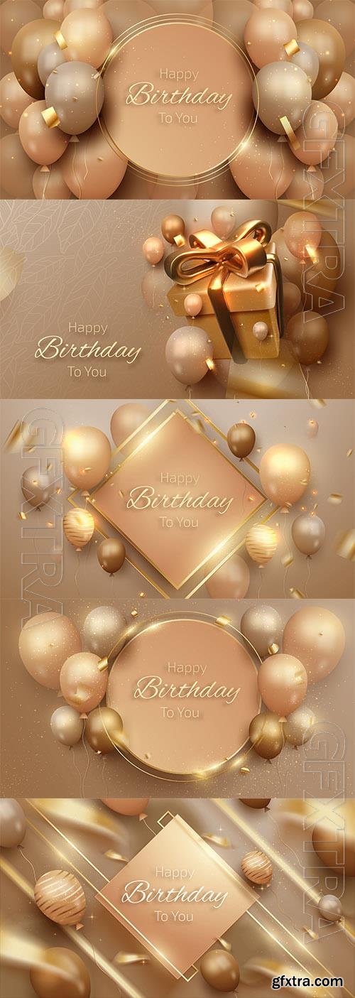 Vector happy birthday card with luxury balloons and ribbon 3d realistic style