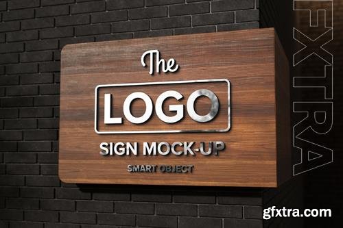 PSD shop sign mockup on black brick wall