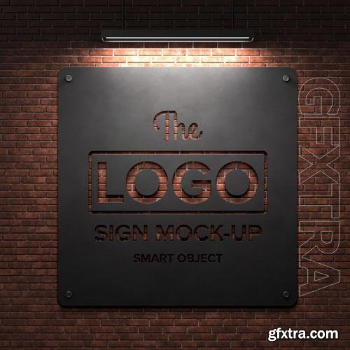 PSD shop sign mockup on brick wall