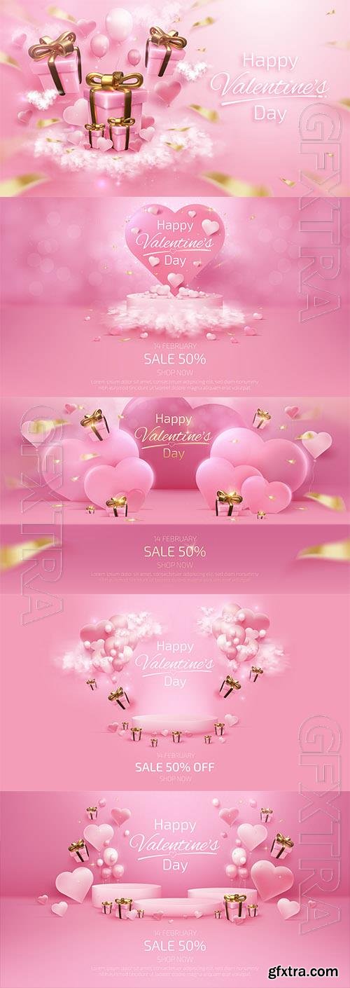 Vector valentines day background with elements balloons, gift box, heart shaped cloud