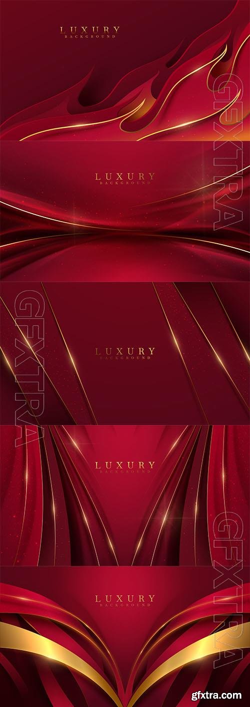 Red luxury background with ribbon element and golden curve line