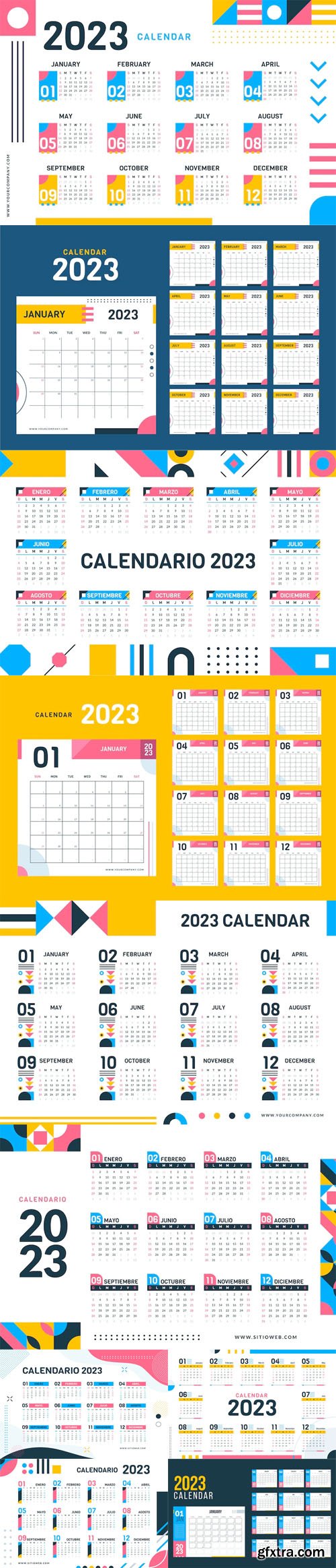 10 Flat 2023 Calendars Vector Templates