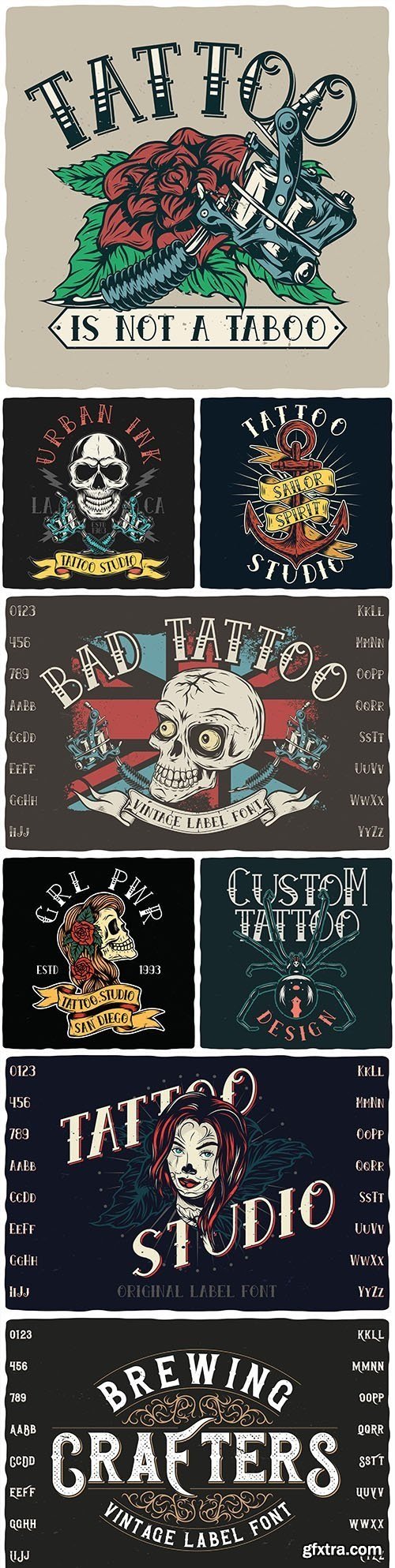 Vintage font and label design tattoo illustration