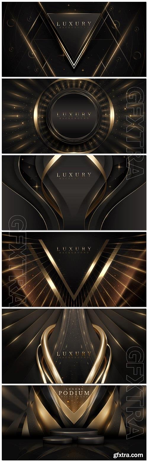 Vector black luxury background with golden line elements and bokeh