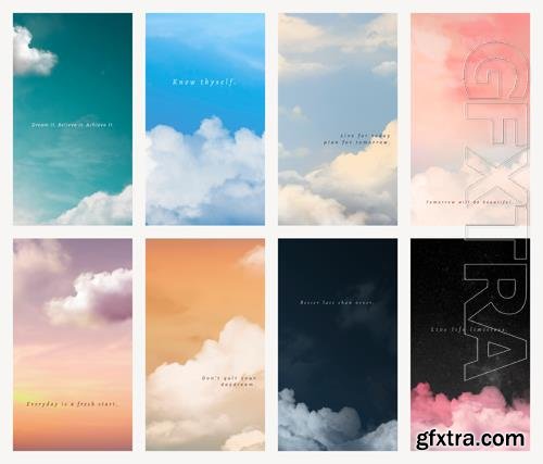 PSD sky and clouds psd mobile wallpaper template with inspiring quote set