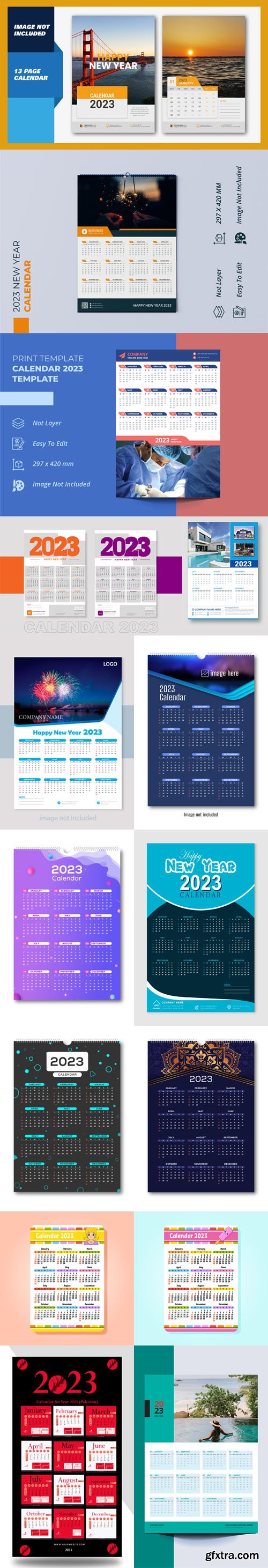 Annual Wall Calendars 2023 Pack - 15 Vector Templates