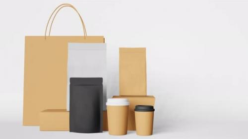 Videohive - Packaging set paper shopping bag black pouch coffee cups box mockup 3D animation Take away food 4K - 42659558 - 42659558