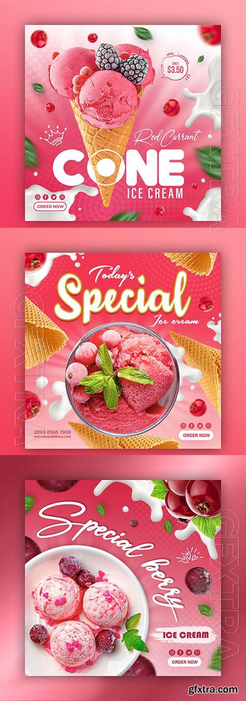 PSD yummy juicy red currant special delicious ice cream cone social media banner post design template
