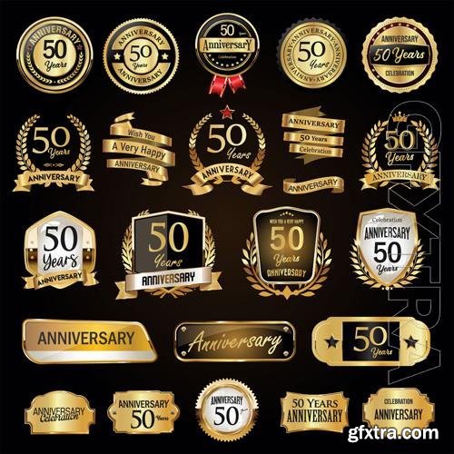 Vector anniversary retro vintage badges laurels shield metal plates and labels vector illustration