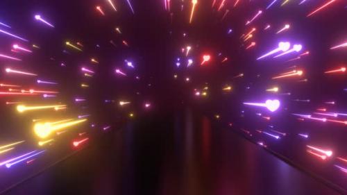 Videohive - Neon Hearts Shooting Star Comets Fly Light Speed Over Reflection Path - 4K - 42723339 - 42723339