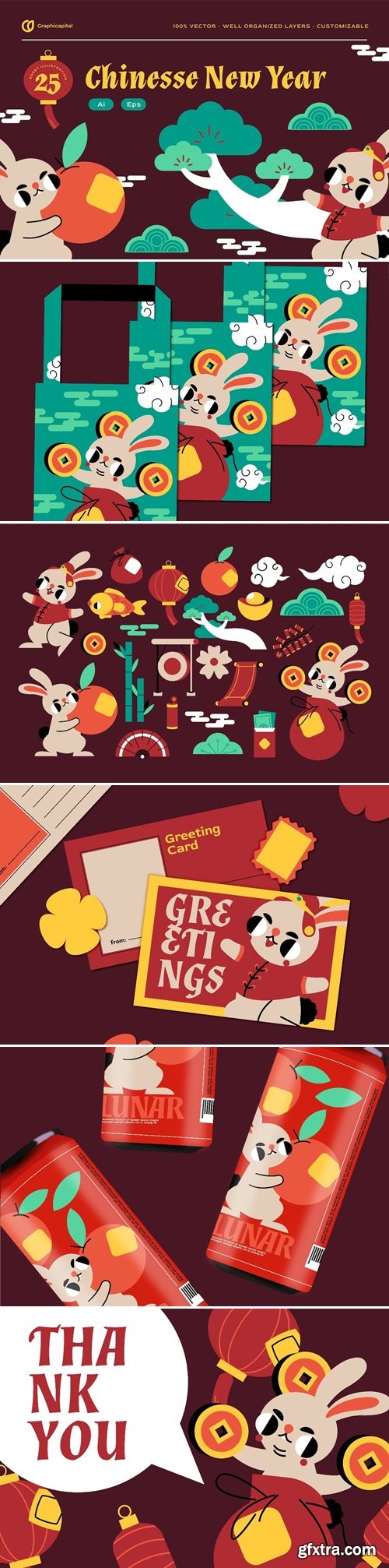 Red Flat Design Chinese New Year Illustration Set KBV82W3