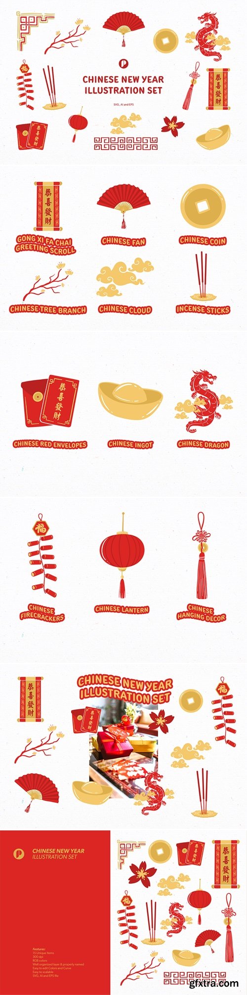 High spirit chinese new year illustration set K6XA8UA