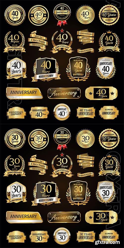 Vector anniversary retro vintage badges laurels shield metal plates and labels vector illustration vol 2