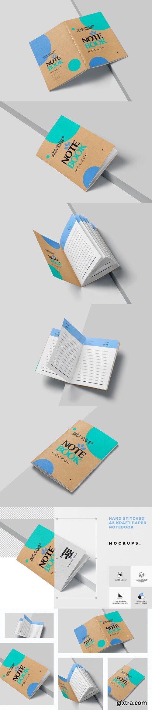 CreativeMarket - Handstitch A5 Kraft Notebook Mockups 10986954