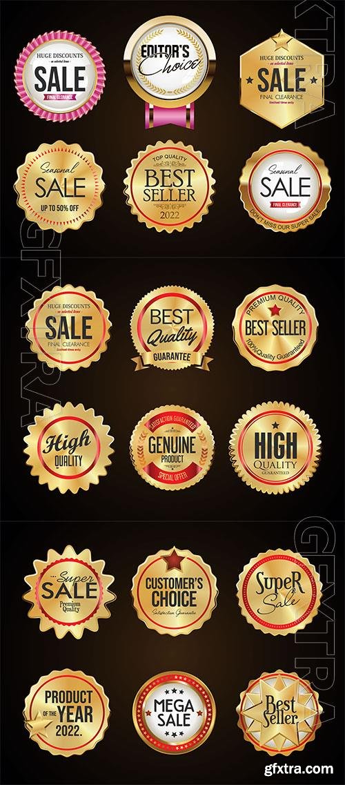 Vector collection of golden badges and labels on black background