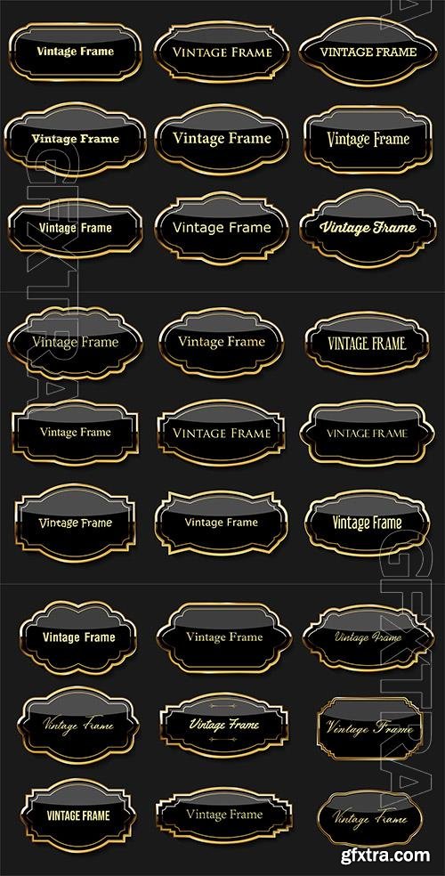 Vector collection of golden badges, vintage frame and labels retro style