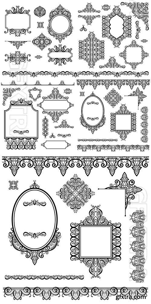 Vector set design elements and page decoration,  frames, divider, stripe pattern, angle collection, calligraphy vector illustration