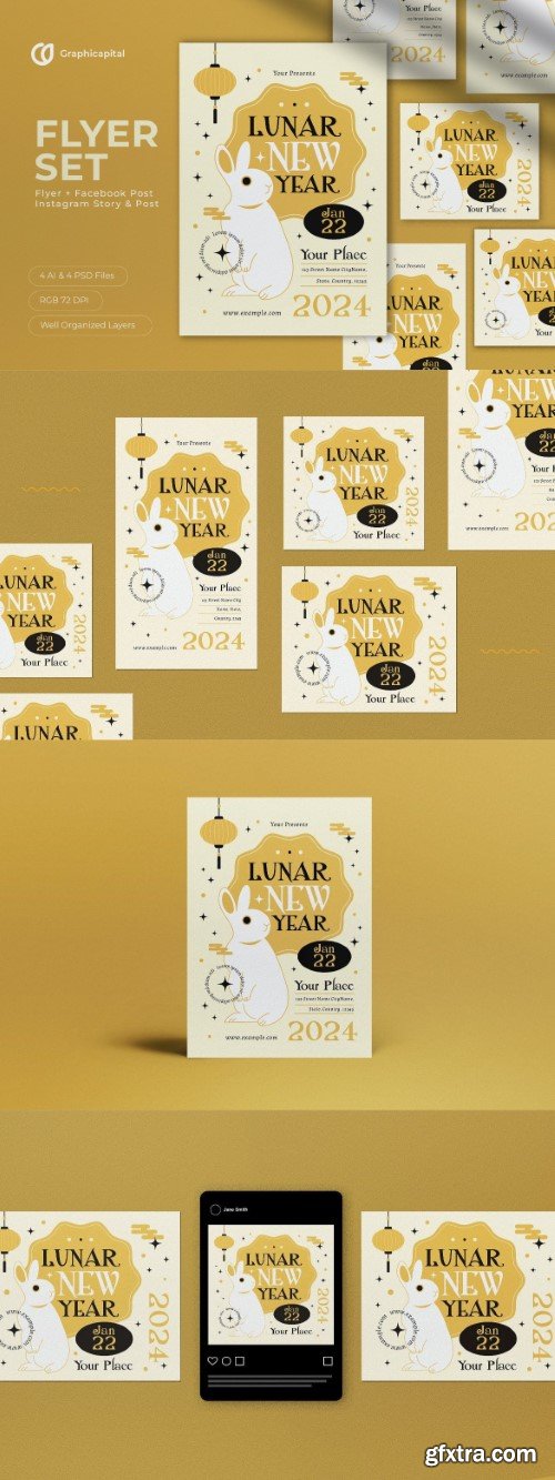 Yellow Flat Design Lunar New Year Flyer Set