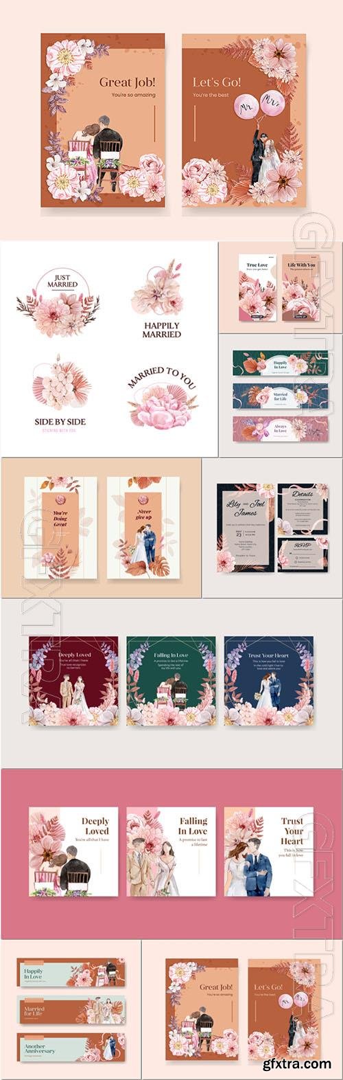 Wedding vector card set in watercolor style