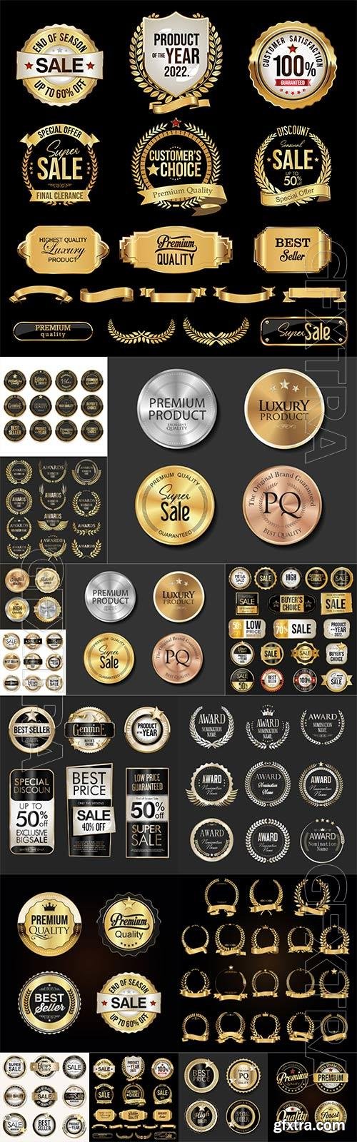 Golden badges, labels and laurels sale in vector