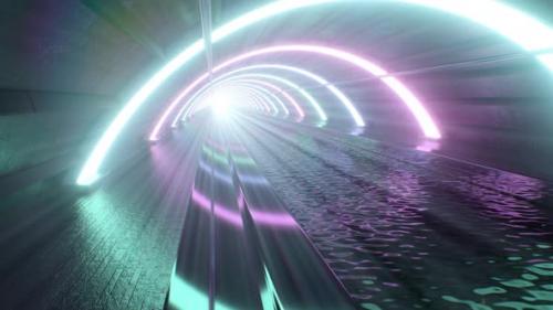 Videohive - Dark Underground Neon Tunnel Arch Rings Glow Over Shimmering Water - 4K - 42723314 - 42723314