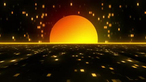 Videohive - Futuristic Animation Of Retro Land, Retro Background With Sun And Digital Dot Moving. Abstract Anima - 42762734 - 42762734