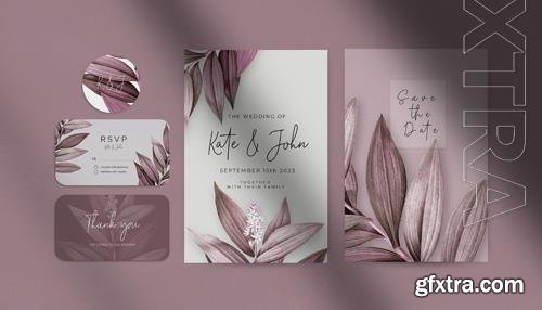 PSD beautiful wedding invitation stationery set decorated with leaves