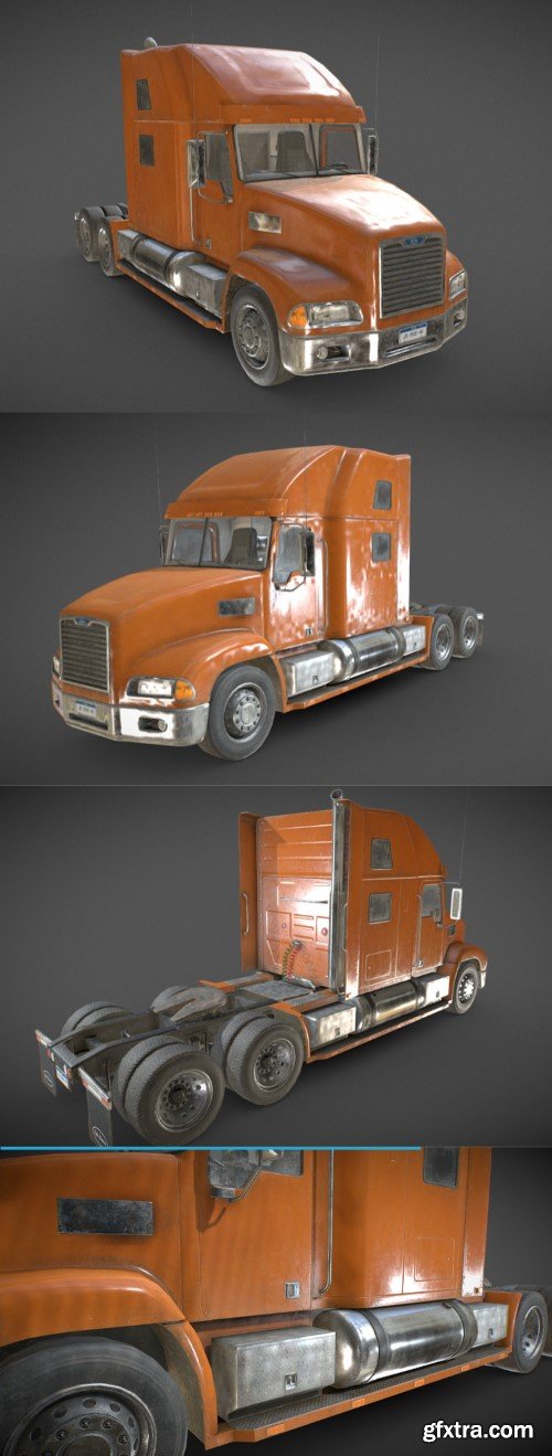 Semi Truck Tractor - Orange - Low Poly