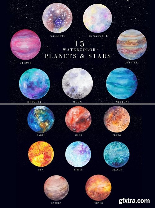 15 watercolor planets and stars set 6M4E25M