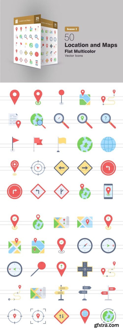 50 Location and Maps Flat Multicolor Icons PJQFVH7