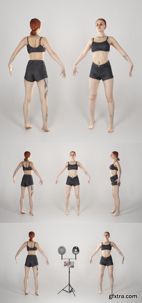Slim woman with tattoo in A-pose 148 VR / AR / low-poly 3d model