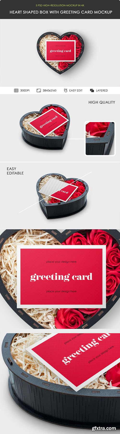 Greeting Card on Heart Shaped Box PSD Mockups Templates