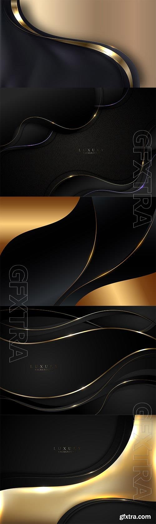 Vector abstract elegant 3d black wave shapes and golden curved line elements with lighting effect on gold background