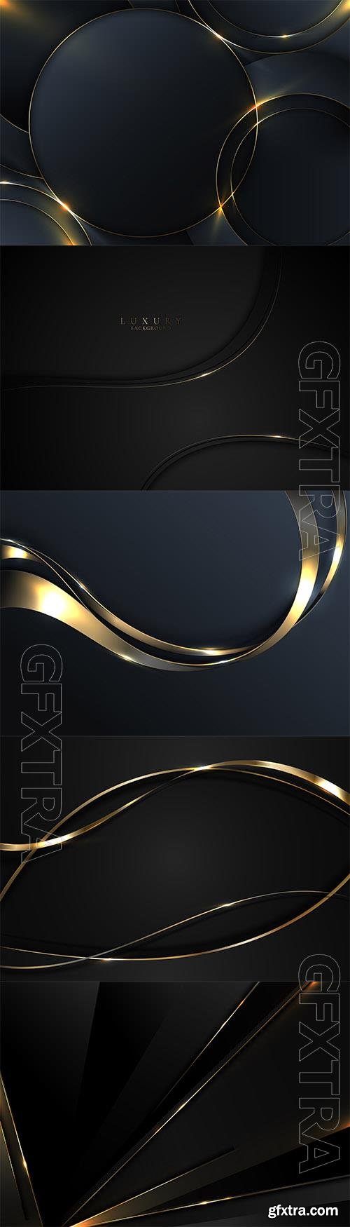 Vector abstract 3d elegant golden wave curved lines and lighting effect on black background