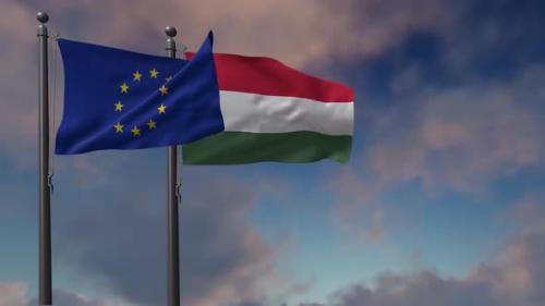 Videohive - Hungary Flag Waving Along With The European Union Flag - 4K - 42950996 - 42950996