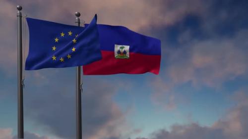 Videohive - Haiti Flag Waving Along With The European Union Flag - 4K - 42950997 - 42950997