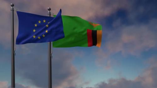 Videohive - Zambia Flag Waving Along With The European Union Flag - 4K - 42954807 - 42954807