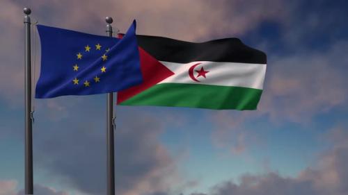 Videohive - Western Sahara Flag Waving Along With The European Union Flag - 4K - 42954808 - 42954808