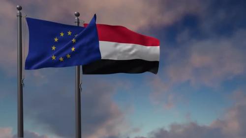 Videohive - Yemen Flag Waving Along With The European Union Flag - 4K - 42954811 - 42954811