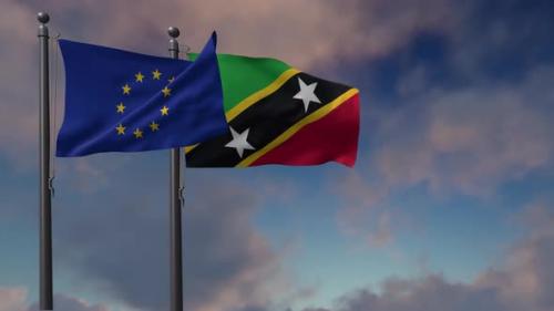 Videohive - Saint Kitts And Nevis Flag Waving Along With The European Union Flag - 4K - 42954822 - 42954822