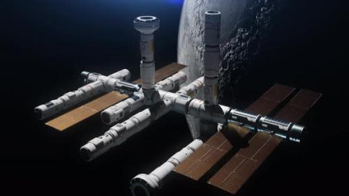 Videohive - construction of a space station orbiting the moon. the concept of technology - 42974604 - 42974604