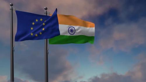 Videohive - India Flag Waving Along With The European Union Flag - 4K - 42950989 - 42950989